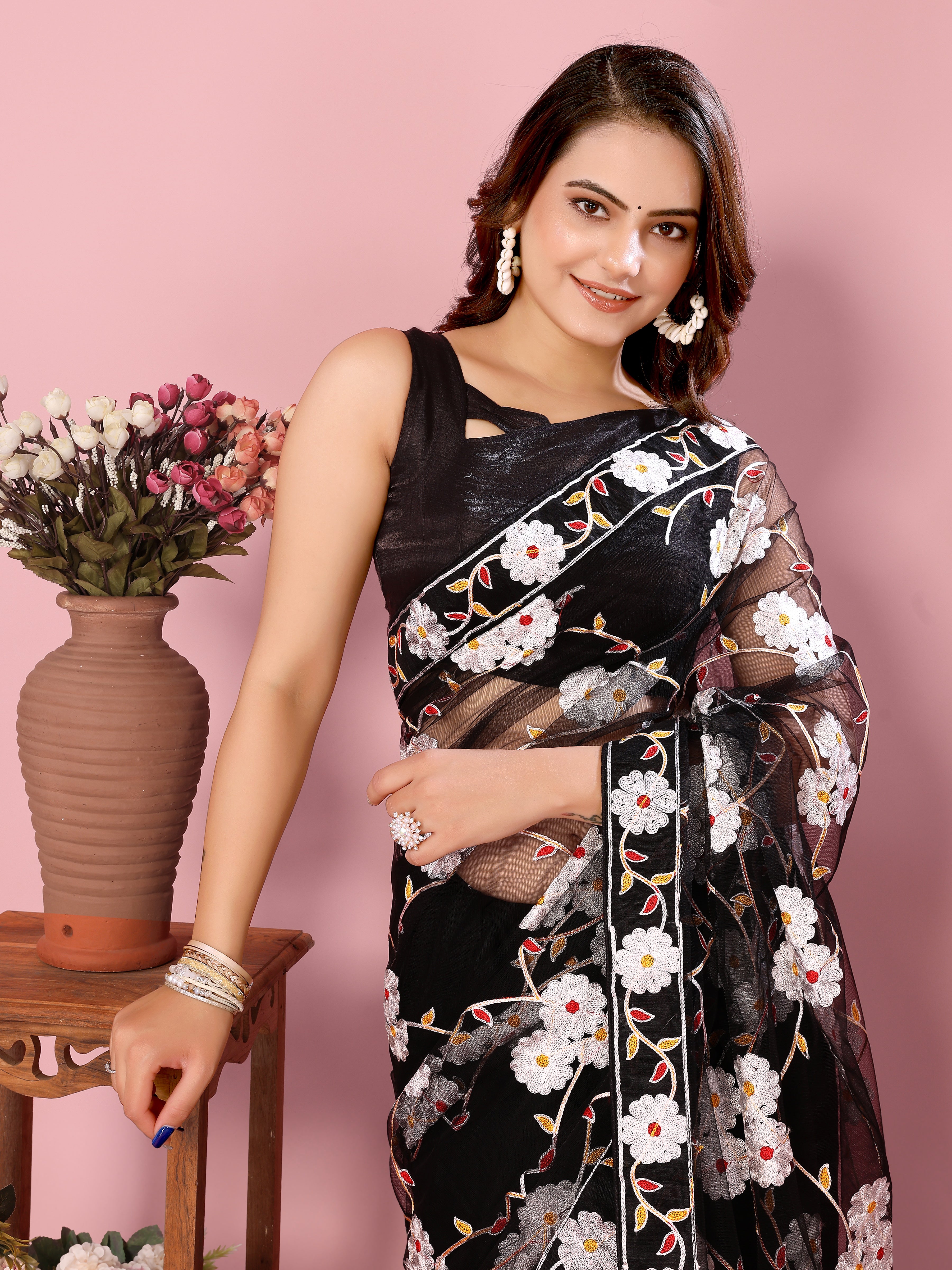 Buy MySilkLove Eerie Black Woven Designer Embroidered Saree Online