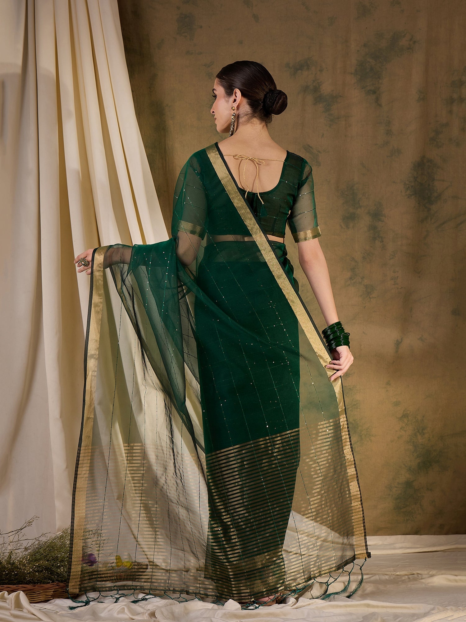 Buy MySilkLove Leaf Green Woven Organza Saree Online