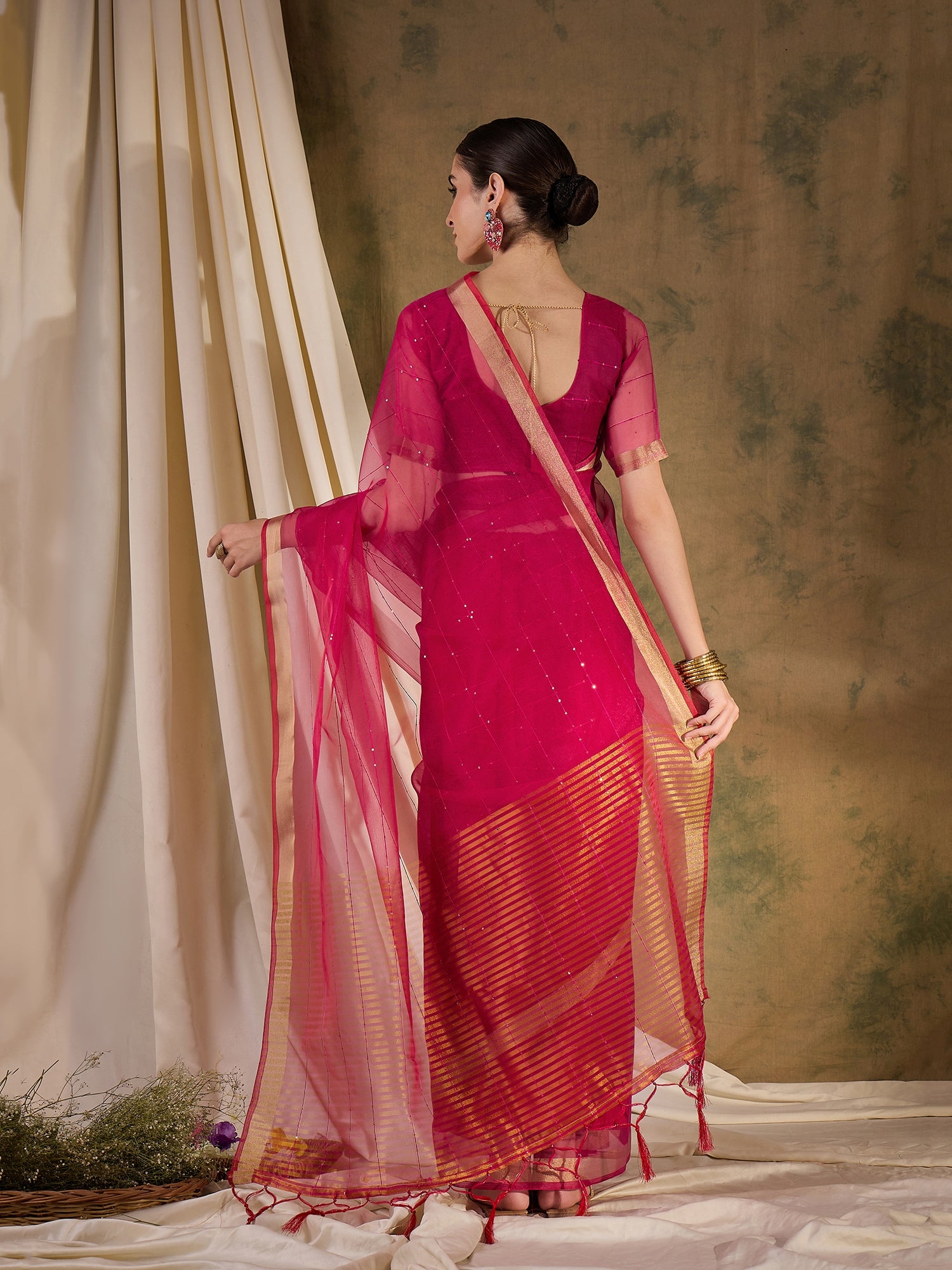 MySilkLove Rose Pink Woven Organza Saree