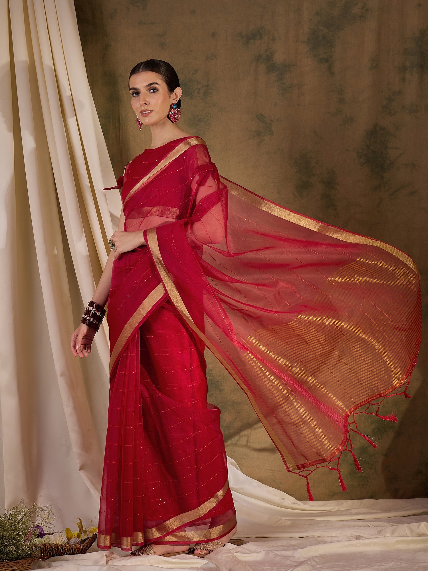 Buy MySilkLove Cherry Red Woven Organza Saree Online