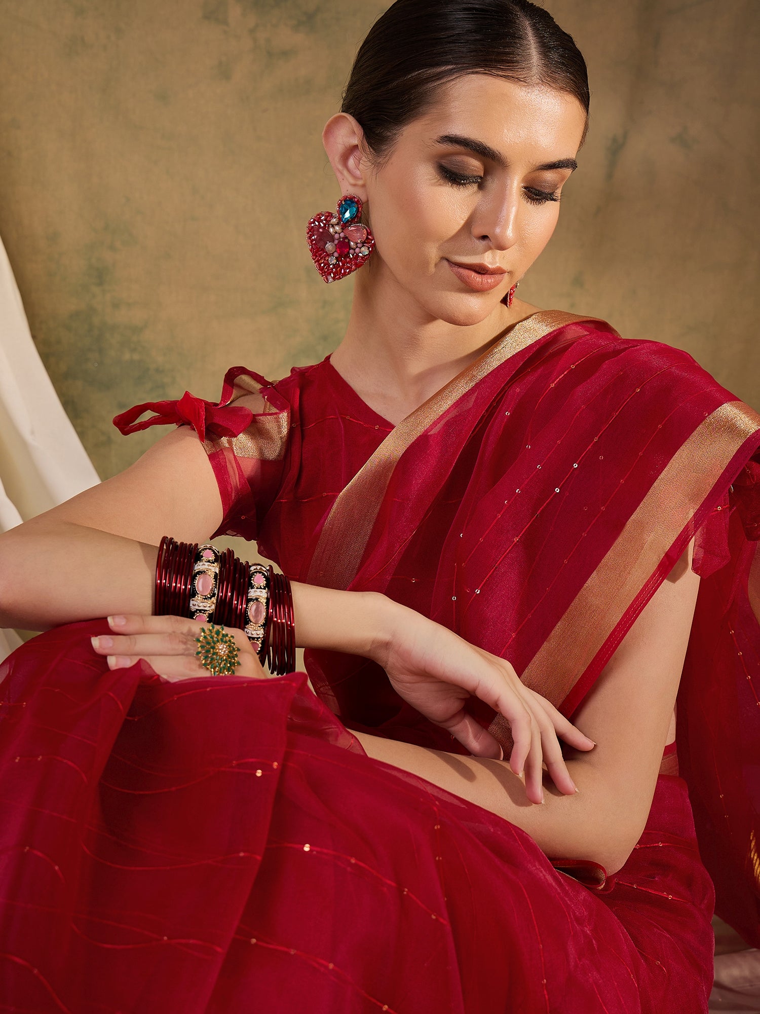 Buy MySilkLove Cherry Red Woven Organza Saree Online