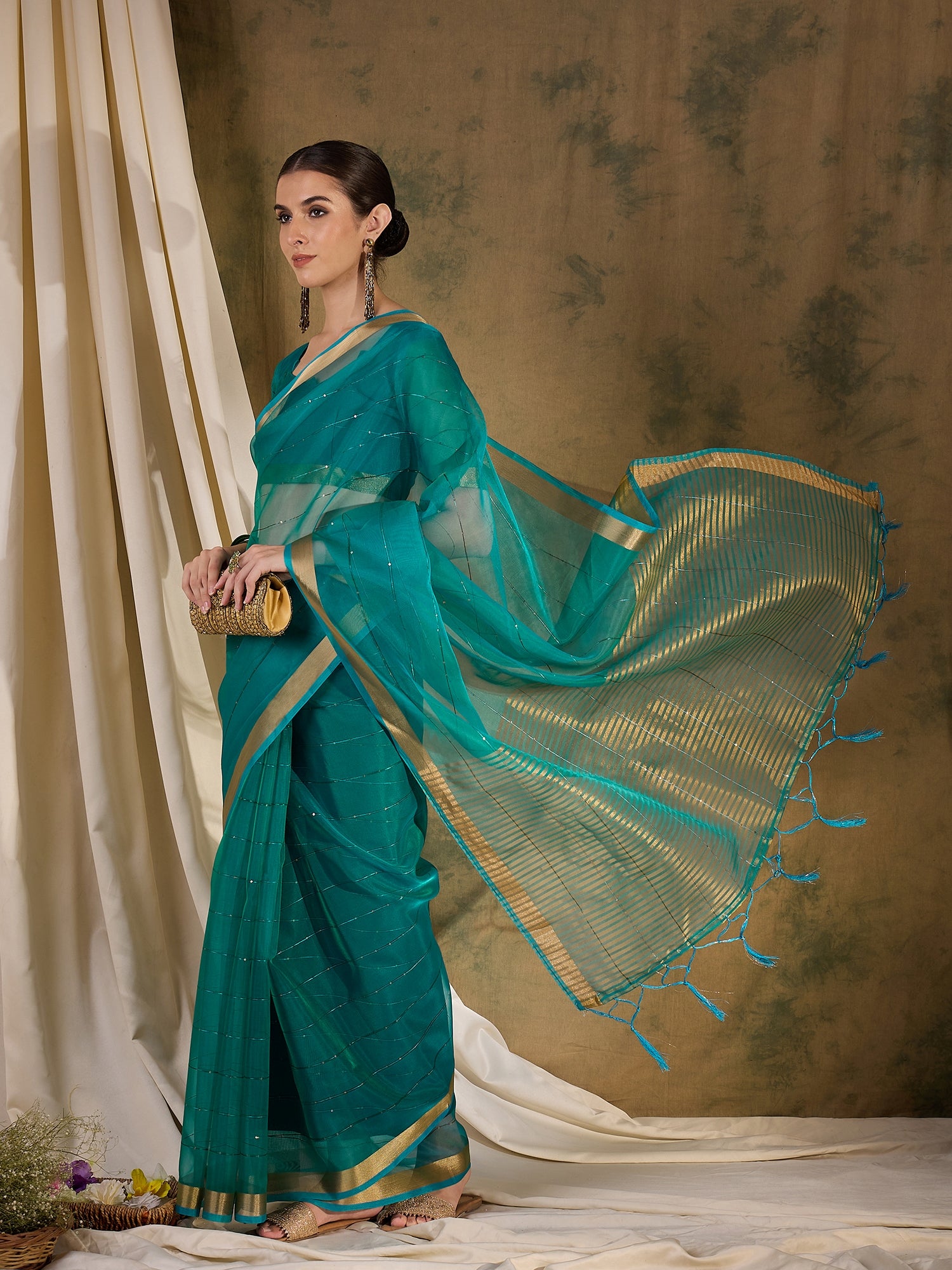 Buy MySilkLove Blue Stone Woven Organza Saree Online