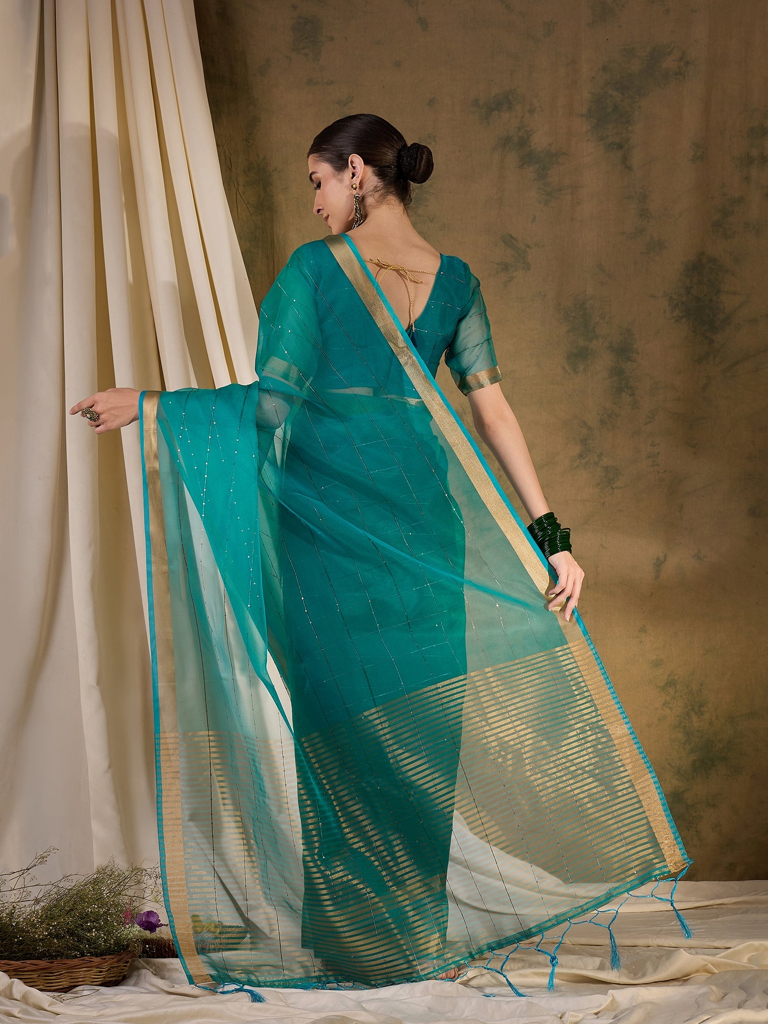 MySilkLove Blue Stone Woven Organza Saree