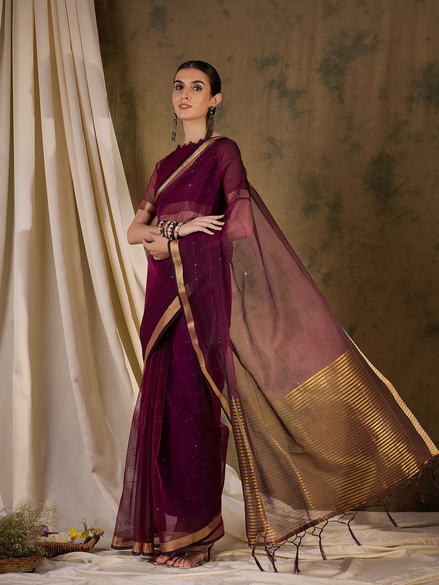 Buy MySilkLove Americano Brown Woven Organza Saree Online