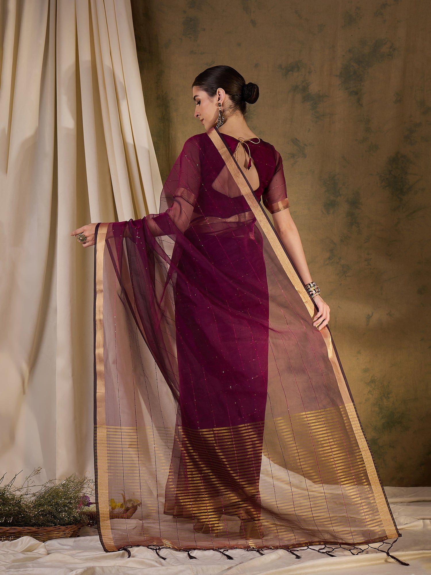 MySilkLove Americano Brown Woven Organza Saree