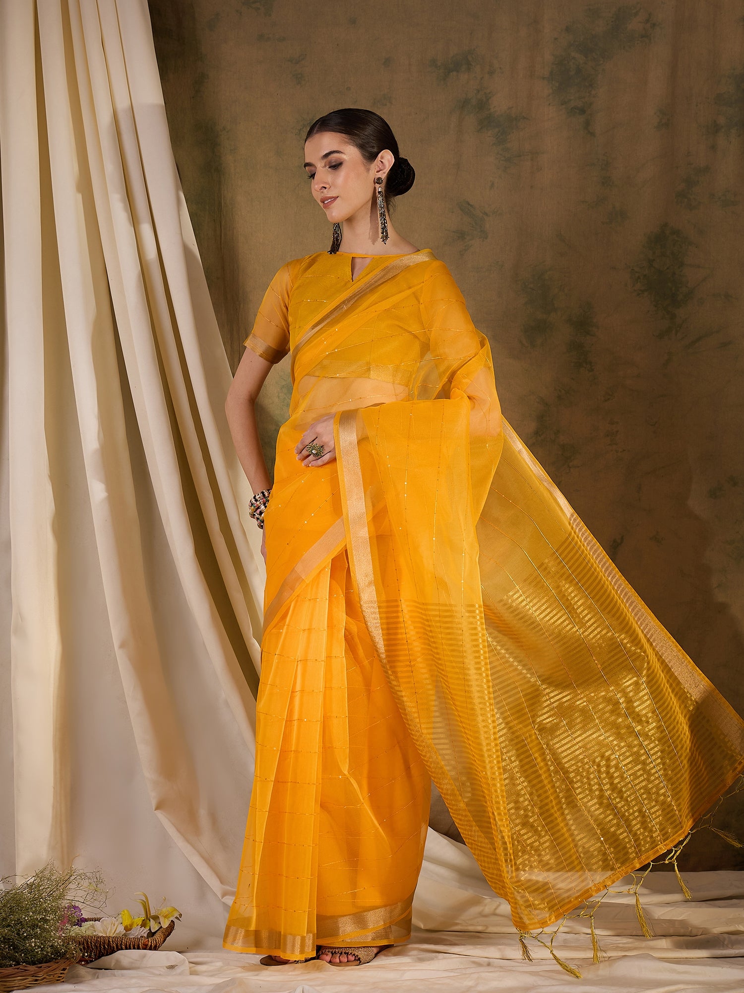 Buy MySilkLove Tulip Yellow Woven Organza Saree Online