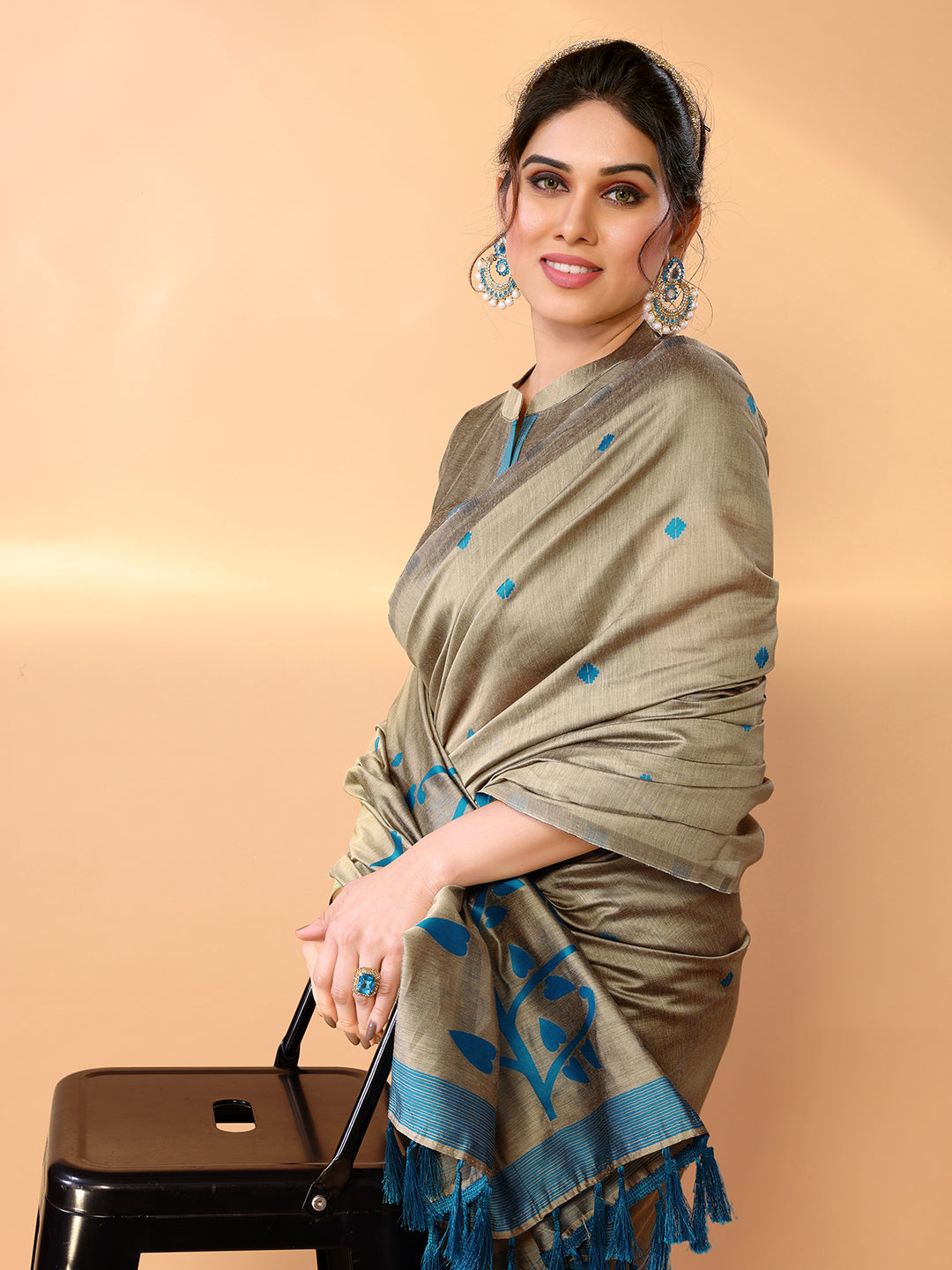 MySilkLove Heathered Brown Woven Chanderi Cotton Saree