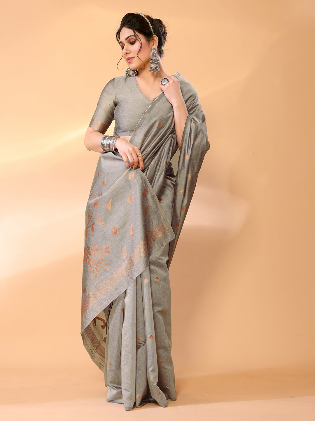 Buy MySilkLove Nomad Grey Woven Chanderi Cotton Saree Online