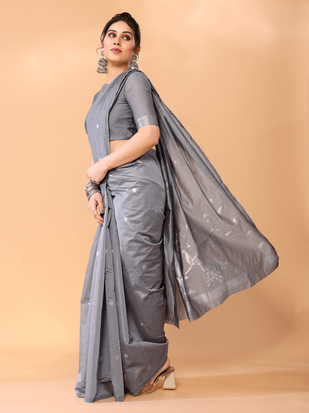 Buy MySilkLove Oslo Grey Woven Chanderi Cotton Saree Online