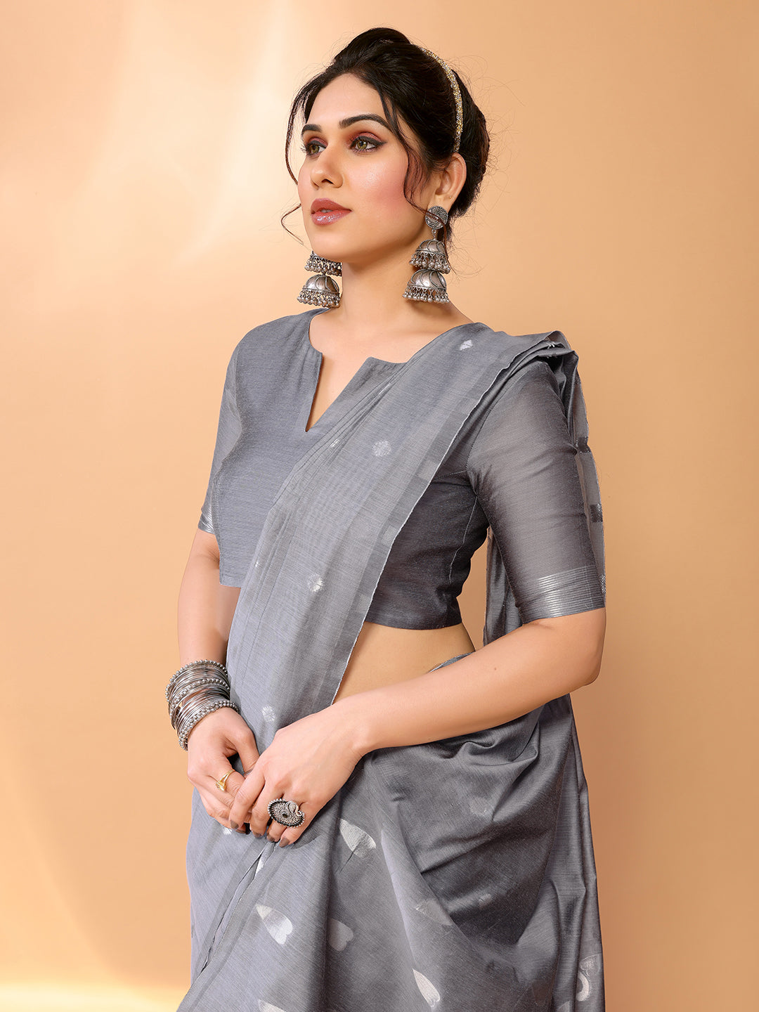 Buy MySilkLove Oslo Grey Woven Chanderi Cotton Saree Online