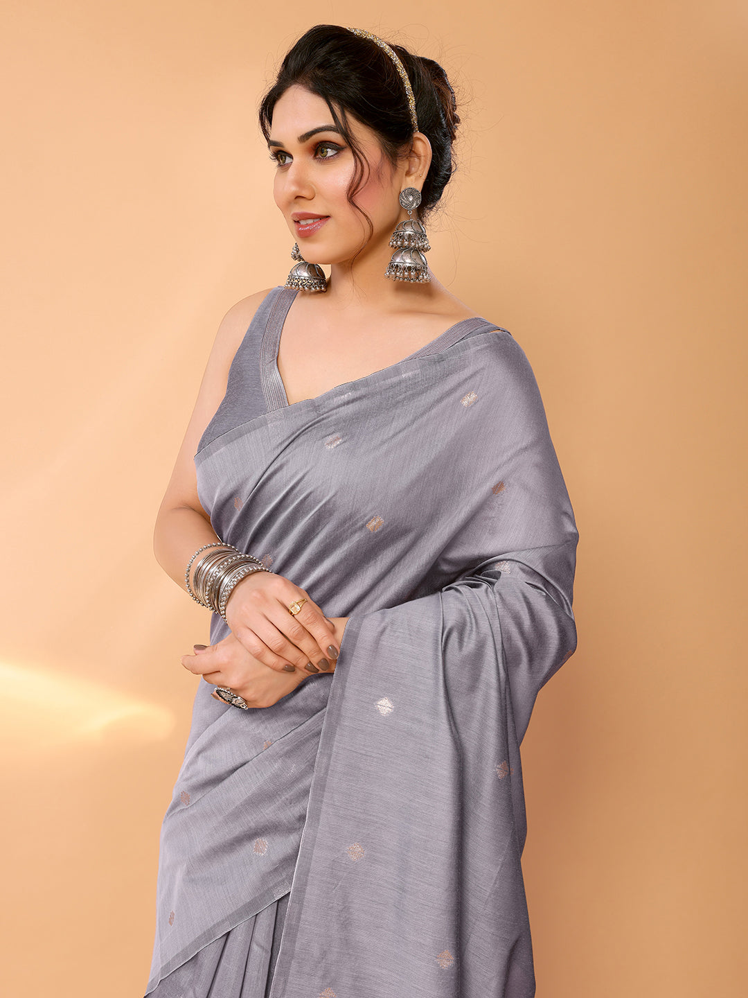 Buy MySilkLove Venus Grey Woven Chanderi Cotton Saree Online