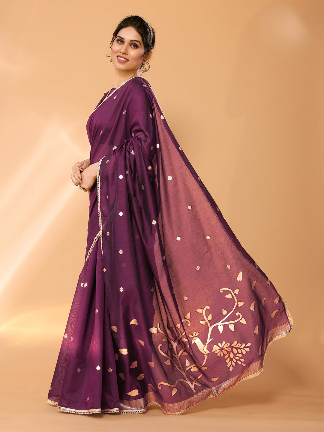 Buy MySilkLove Tawny Port Purple Woven Chanderi Cotton Saree Online