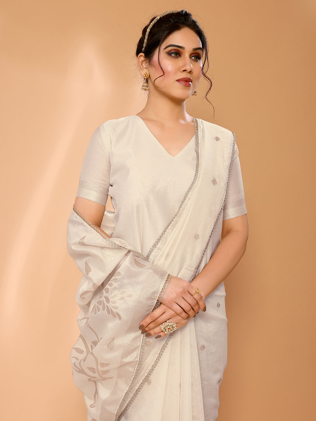 Buy MySilkLove Bone White Woven Chanderi Cotton Saree Online