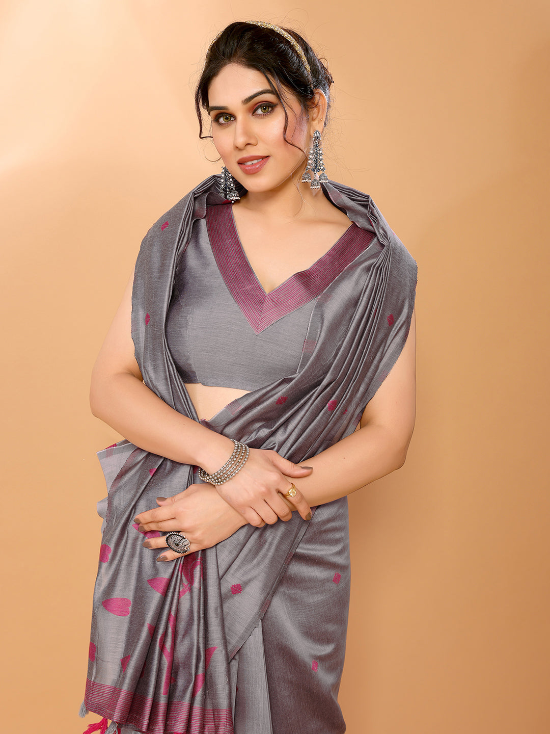 Buy MySilkLove Dusty Grey Woven Chanderi Cotton Saree Online