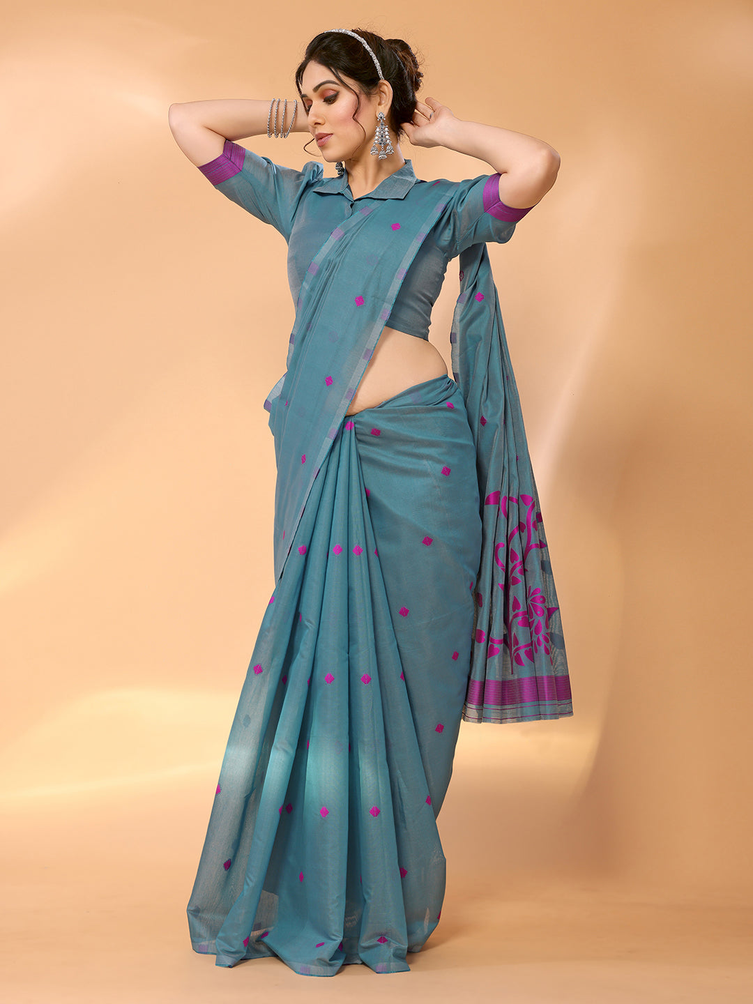 Buy MySilkLove Smalt Blue Woven Chanderi Cotton Saree Online