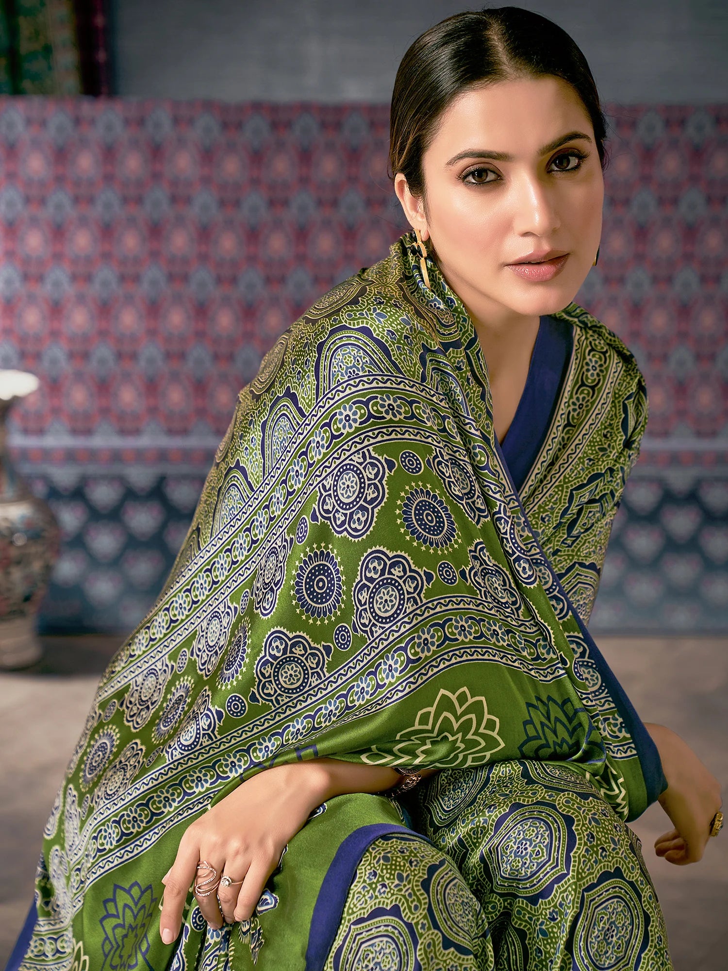 Buy MySilkLove Olive Green Digital Printed Ajrakh Satin Crepe Saree Online