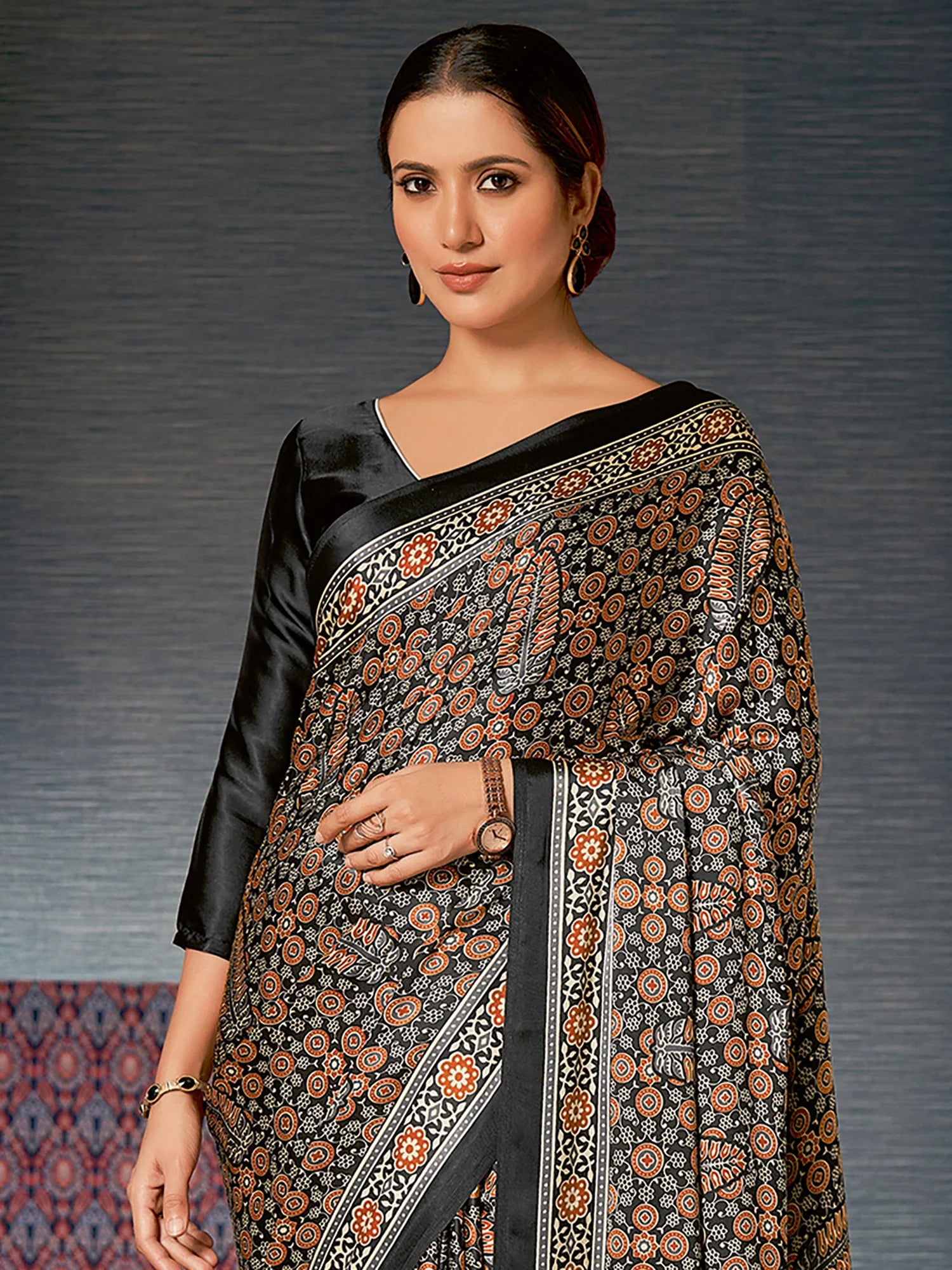 Buy MySilkLove Metal Black and Brown Digital Printed Ajrakh Satin Crepe Saree Online