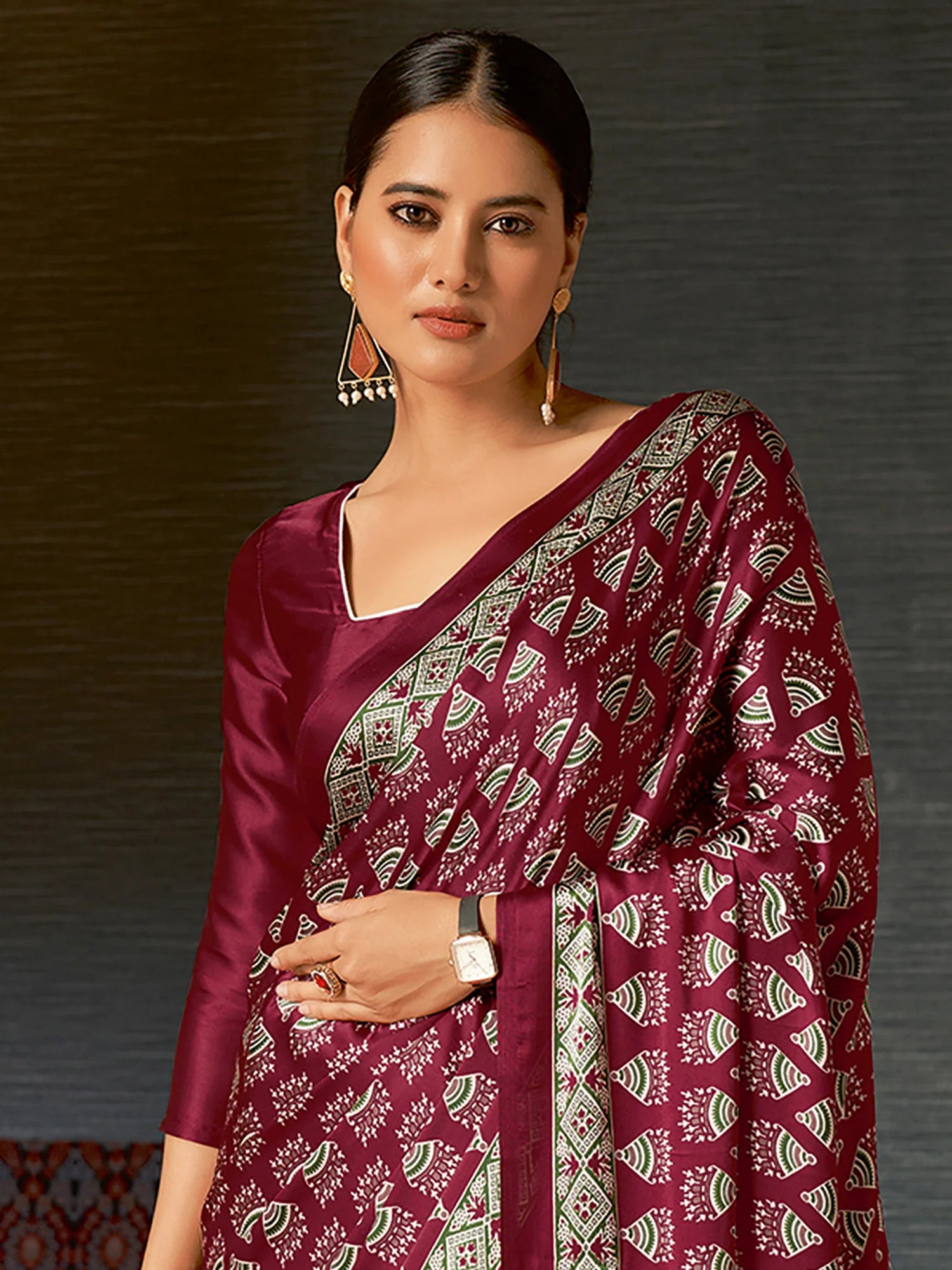 Buy MySilkLove Claret Maroon Digital Printed Ajrakh Satin Crepe Saree Online