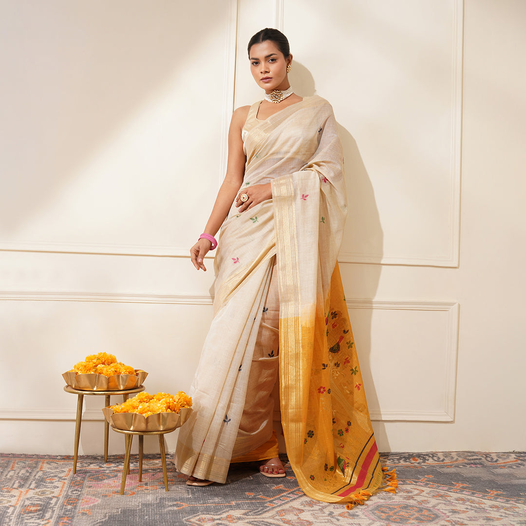 Buy MySilkLove Vanila Cream and Yellow Woven Muga Cotton Saree Online