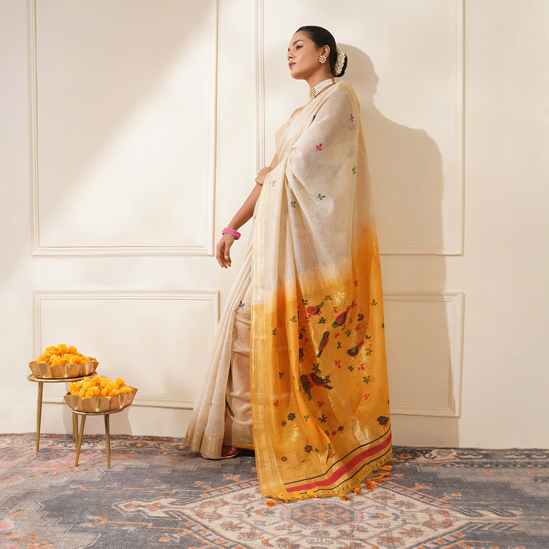 Buy MySilkLove Vanila Cream and Yellow Woven Muga Cotton Saree Online