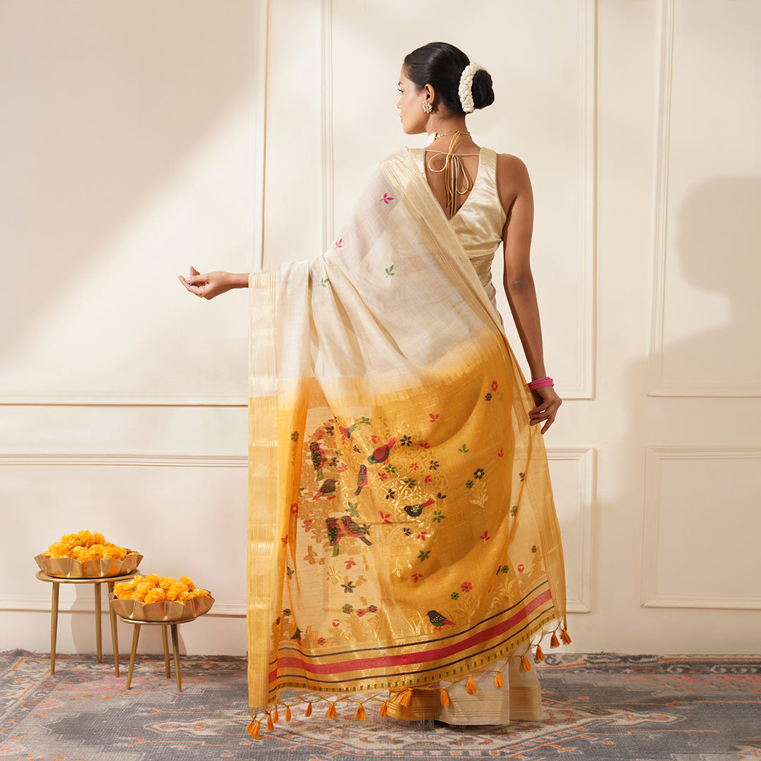 Buy MySilkLove Vanila Cream and Yellow Woven Muga Cotton Saree Online