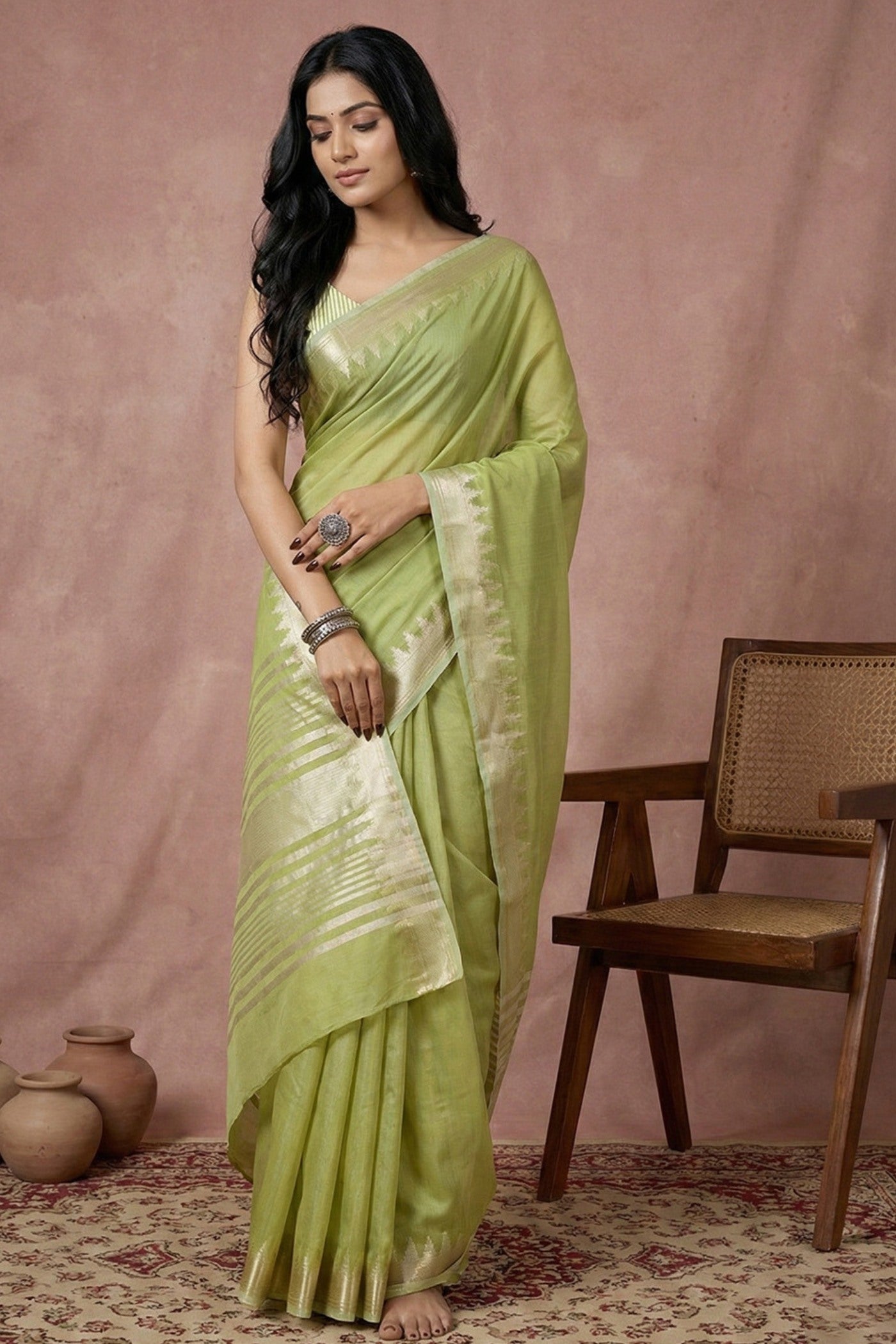 Buy MySilkLove Pista Green Woven Banarasi Soft Silk Saree Online