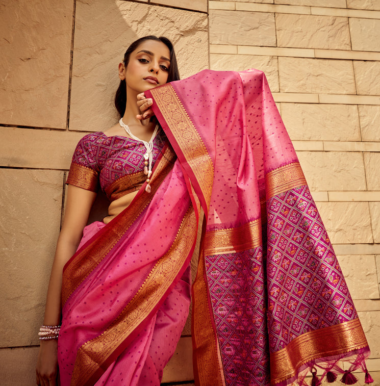 Buy MySilkLove Cabaret Pink Woven Banarasi Handloom Silk Saree Online