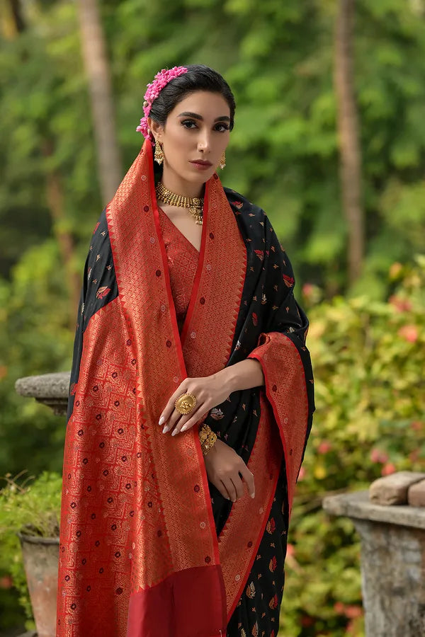 Buy MySilkLove Onion Black Woven Banarasi Saree Online