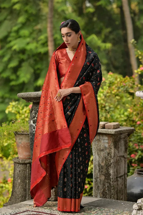 Buy MySilkLove Onion Black Woven Banarasi Saree Online