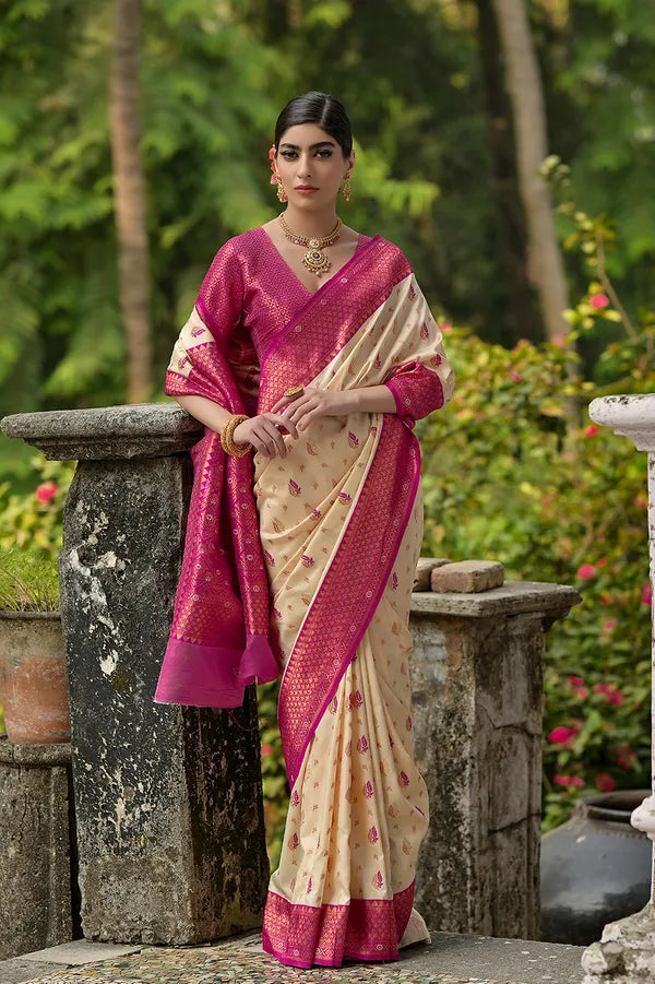 Buy MySilkLove Brandy Cream Woven Banarasi Saree Online