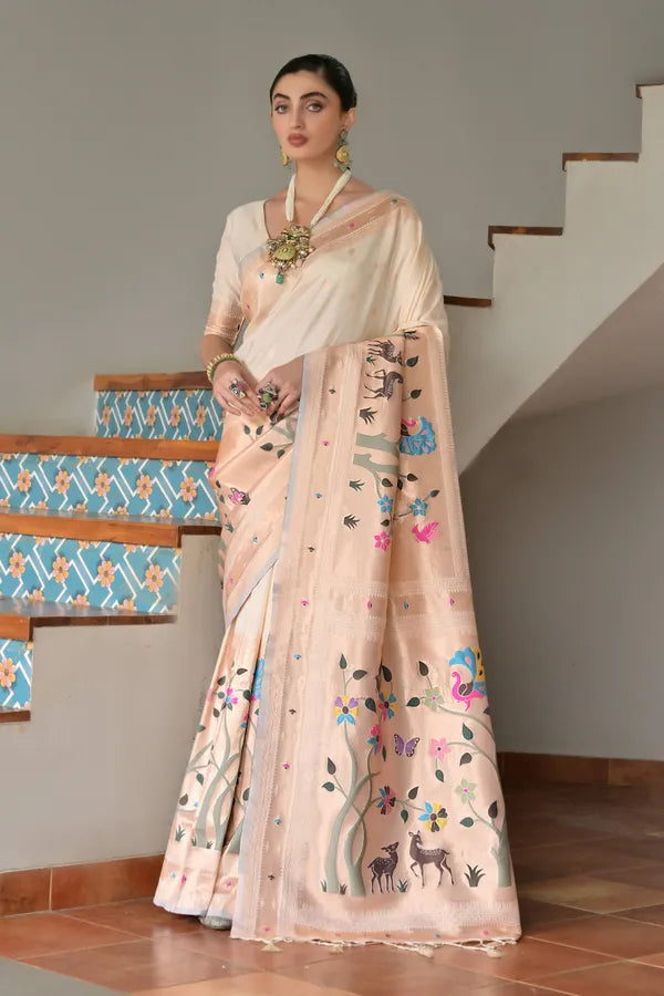 Buy MySilkLove Coconut Cream Woven Paithani Saree Online