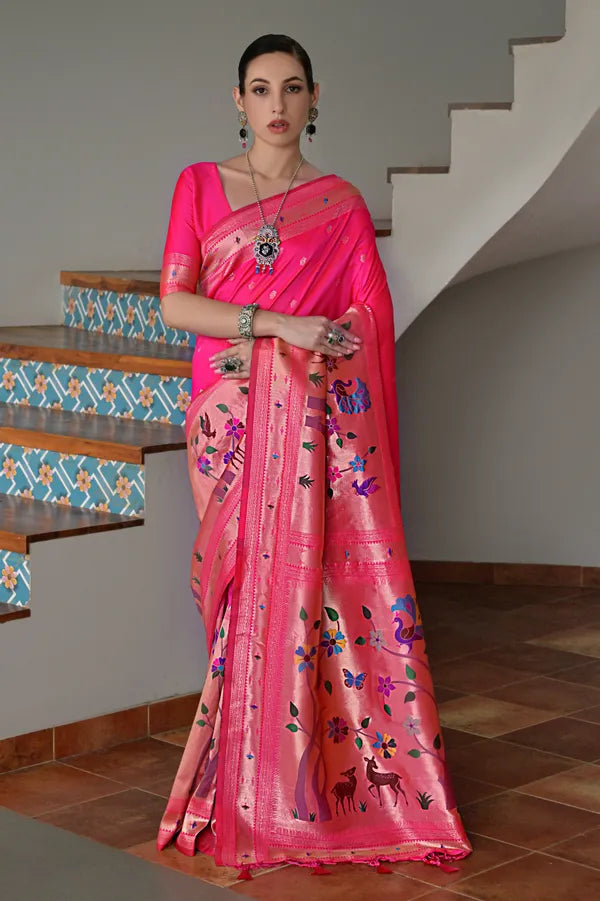 Buy MySilkLove French Rose Pink Woven Paithani Saree Online