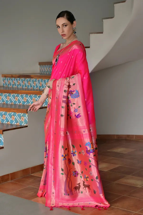 Buy MySilkLove French Rose Pink Woven Paithani Saree Online