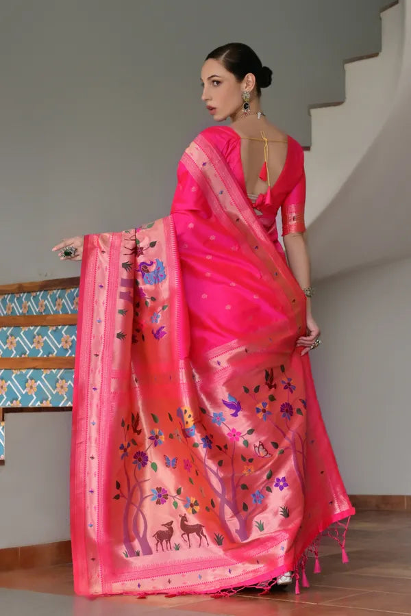 Buy MySilkLove French Rose Pink Woven Paithani Saree Online