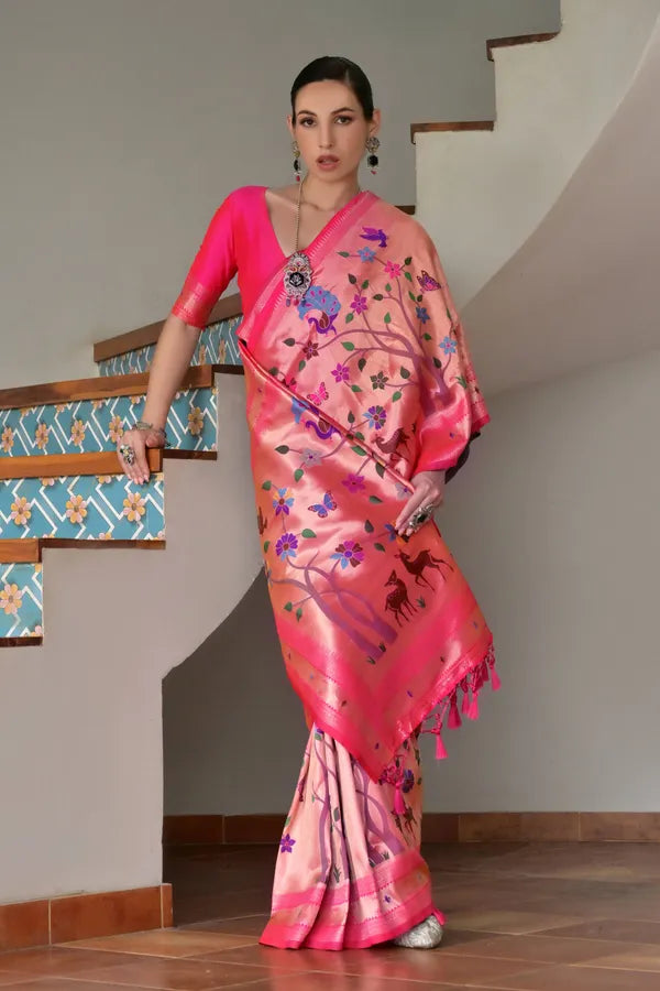 Buy MySilkLove French Rose Pink Woven Paithani Saree Online