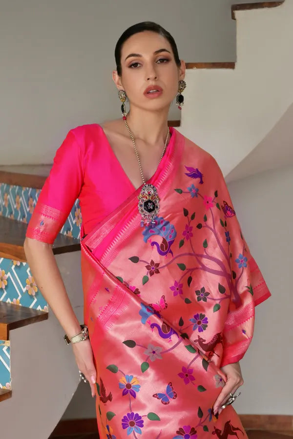 MySilkLove French Rose Pink Woven Paithani Saree