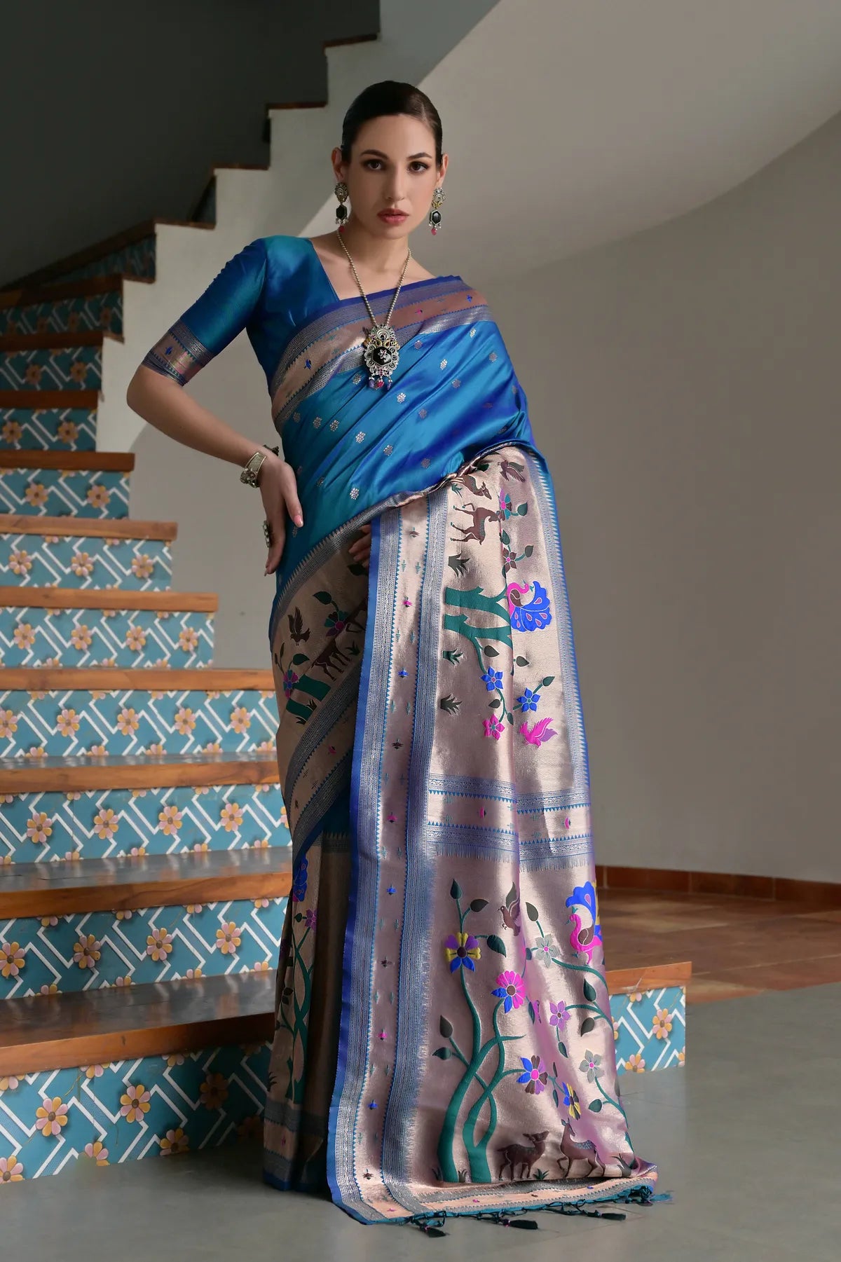 Buy MySilkLove Cobalt Blue Woven Paithani Saree Online
