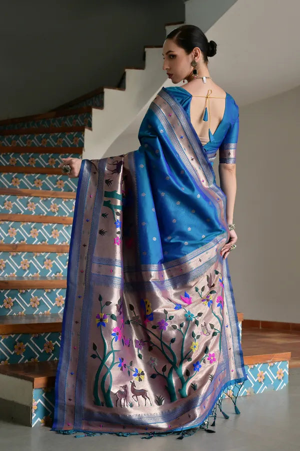 Buy MySilkLove Cobalt Blue Woven Paithani Saree Online