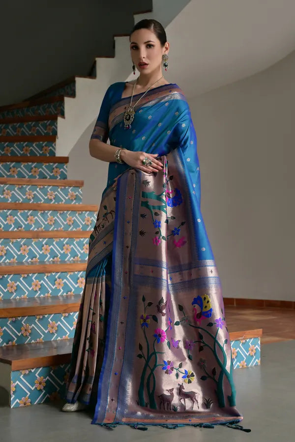 Buy MySilkLove Cobalt Blue Woven Paithani Saree Online