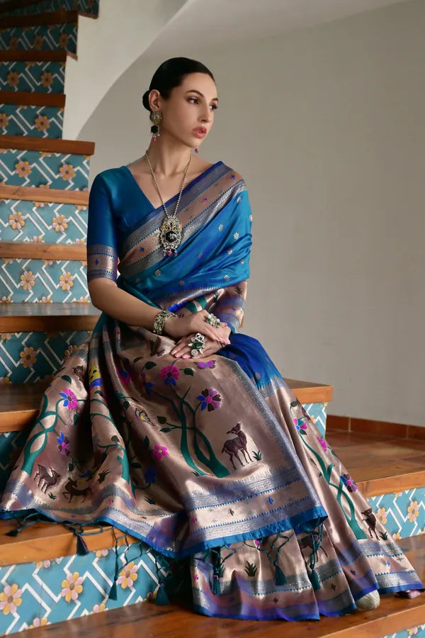 MySilkLove Cobalt Blue Woven Paithani Saree