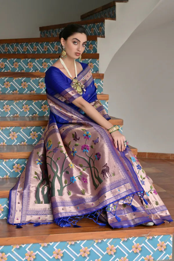 Buy MySilkLove Egyptian Blue Woven Paithani Saree Online