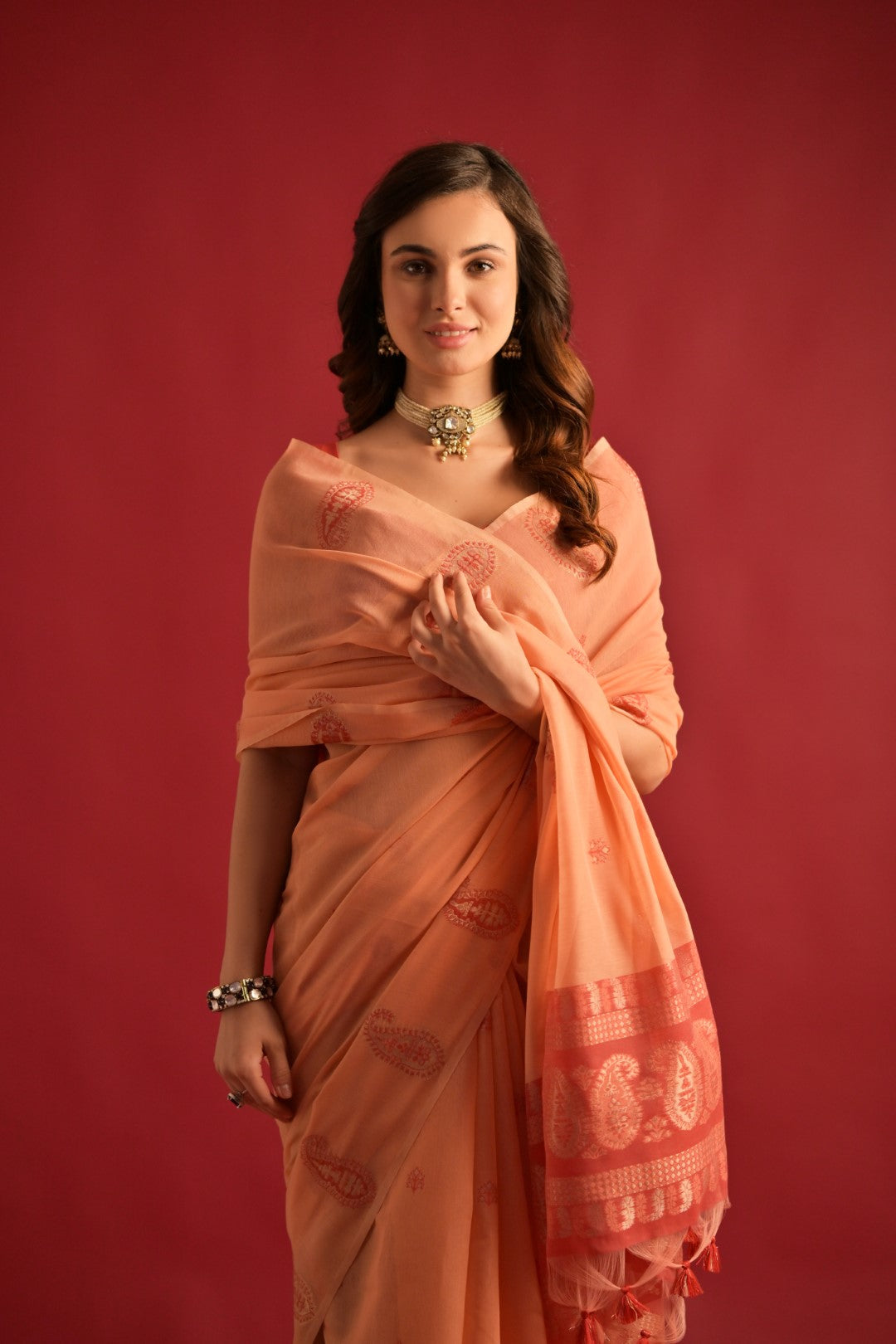 Buy MySilkLove Blushing Peach Woven Mul Cotton Saree Online