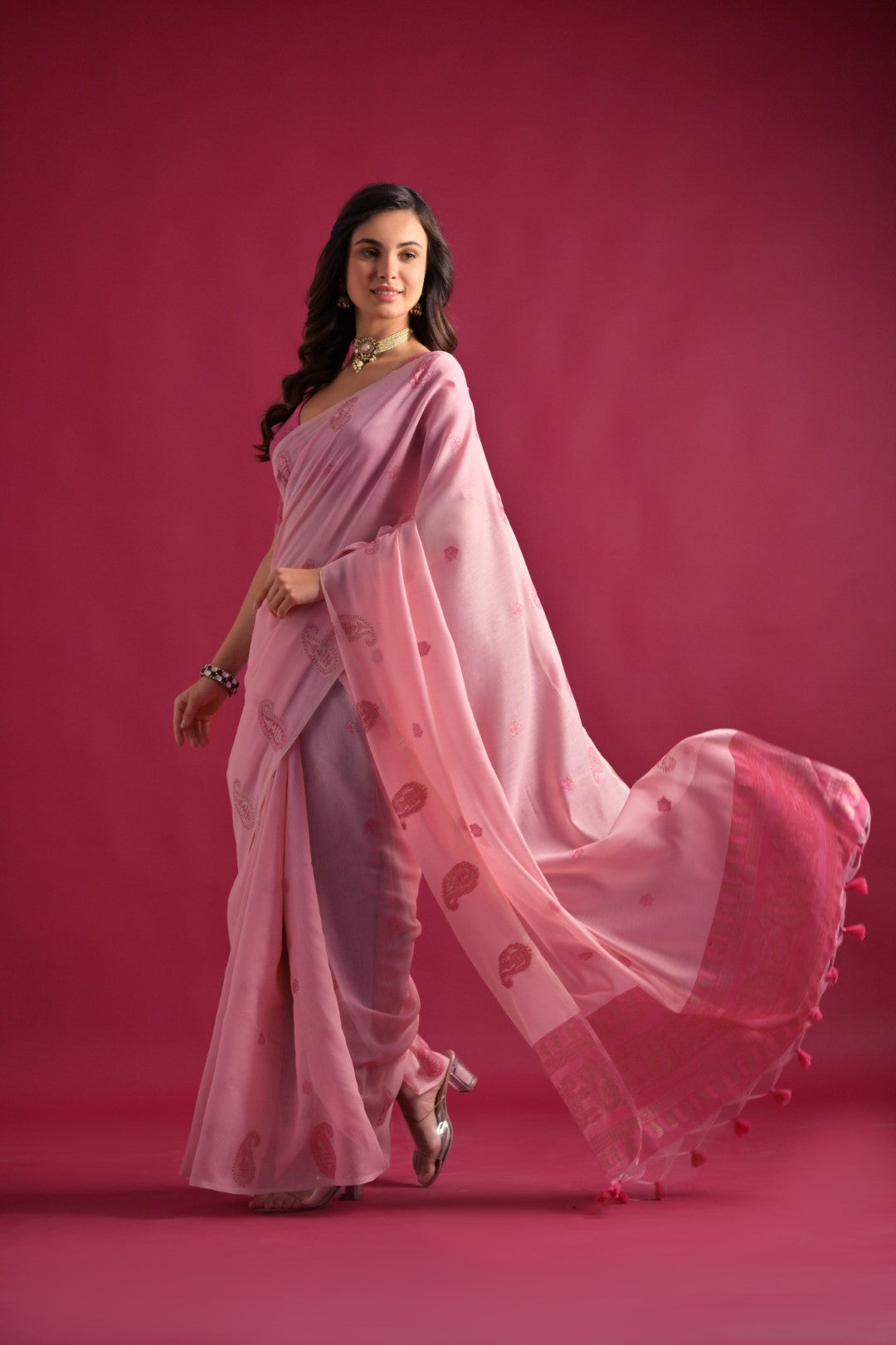 Buy MySilkLove Beauty Pink Woven Mul Cotton Saree Online