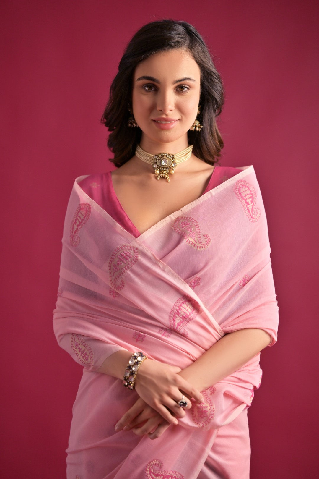 Buy MySilkLove Beauty Pink Woven Mul Cotton Saree Online