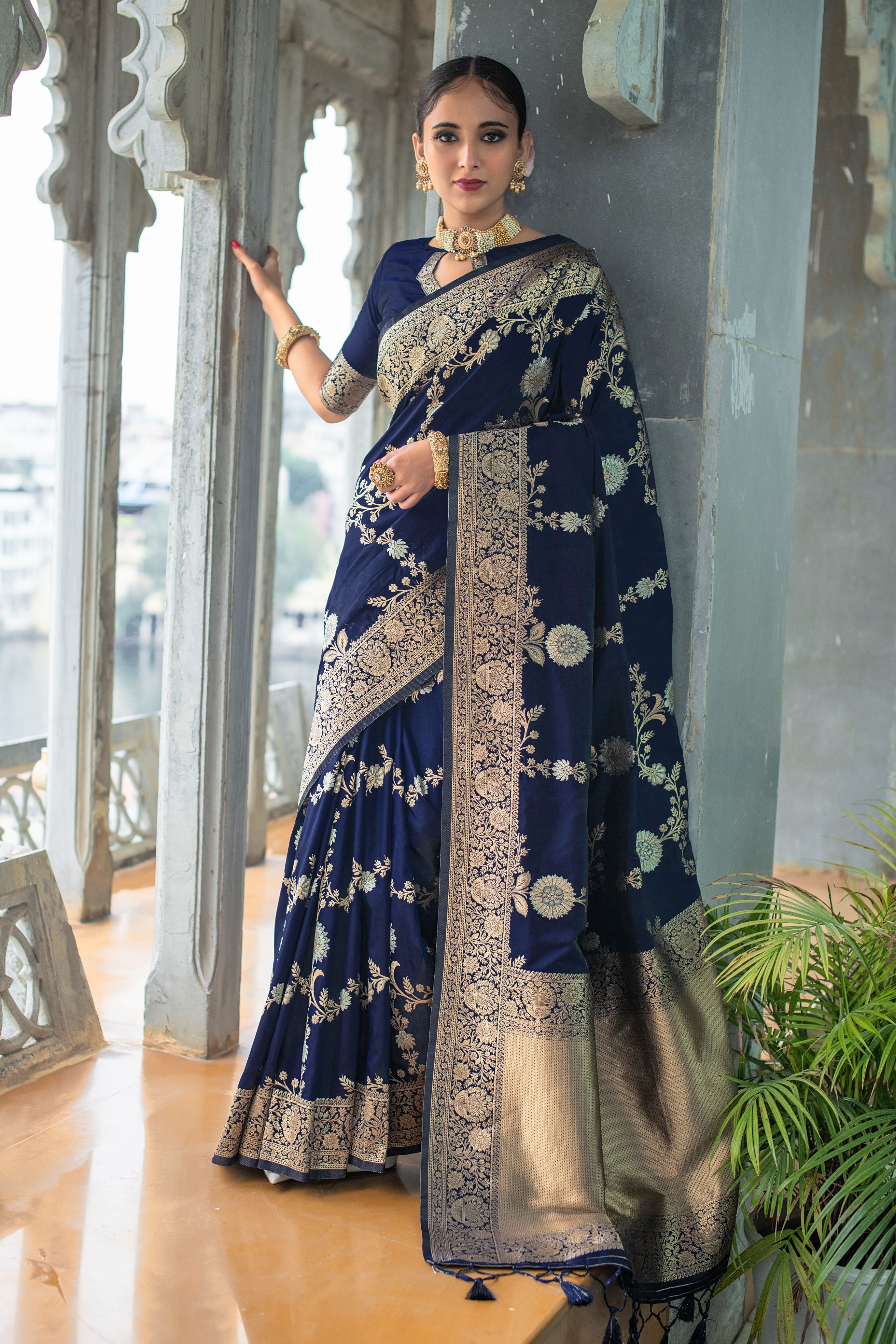 Buy MySilkLove Big Stone Blue Woven Banarasi Silk Saree Online