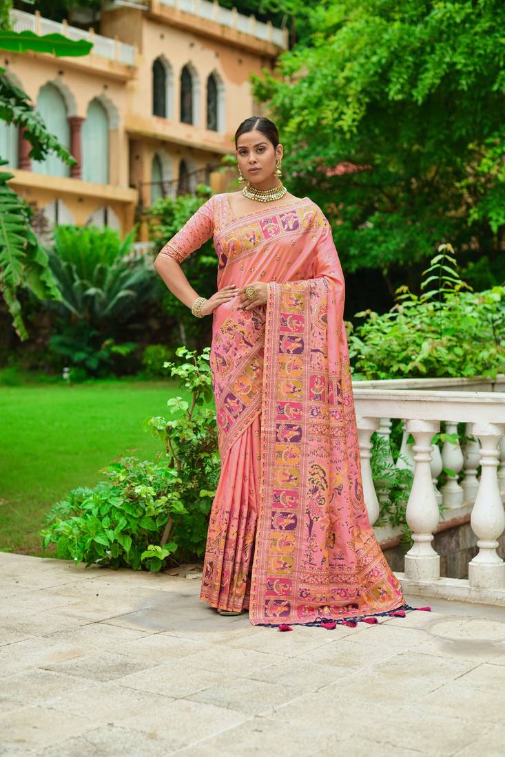 Buy MySilkLove Deep Blush Peach Kashmiri Woven Banarasi Silk Saree Online