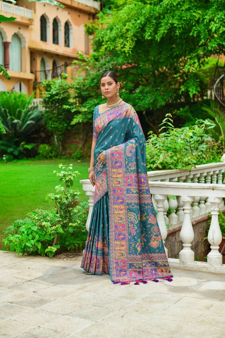 Buy MySilkLove Calypso Blue Kashmiri Woven Banarasi Silk Saree Online