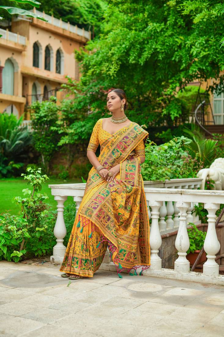 Buy MySilkLove Anzac Yellow Kashmiri Woven Banarasi Silk Saree Online