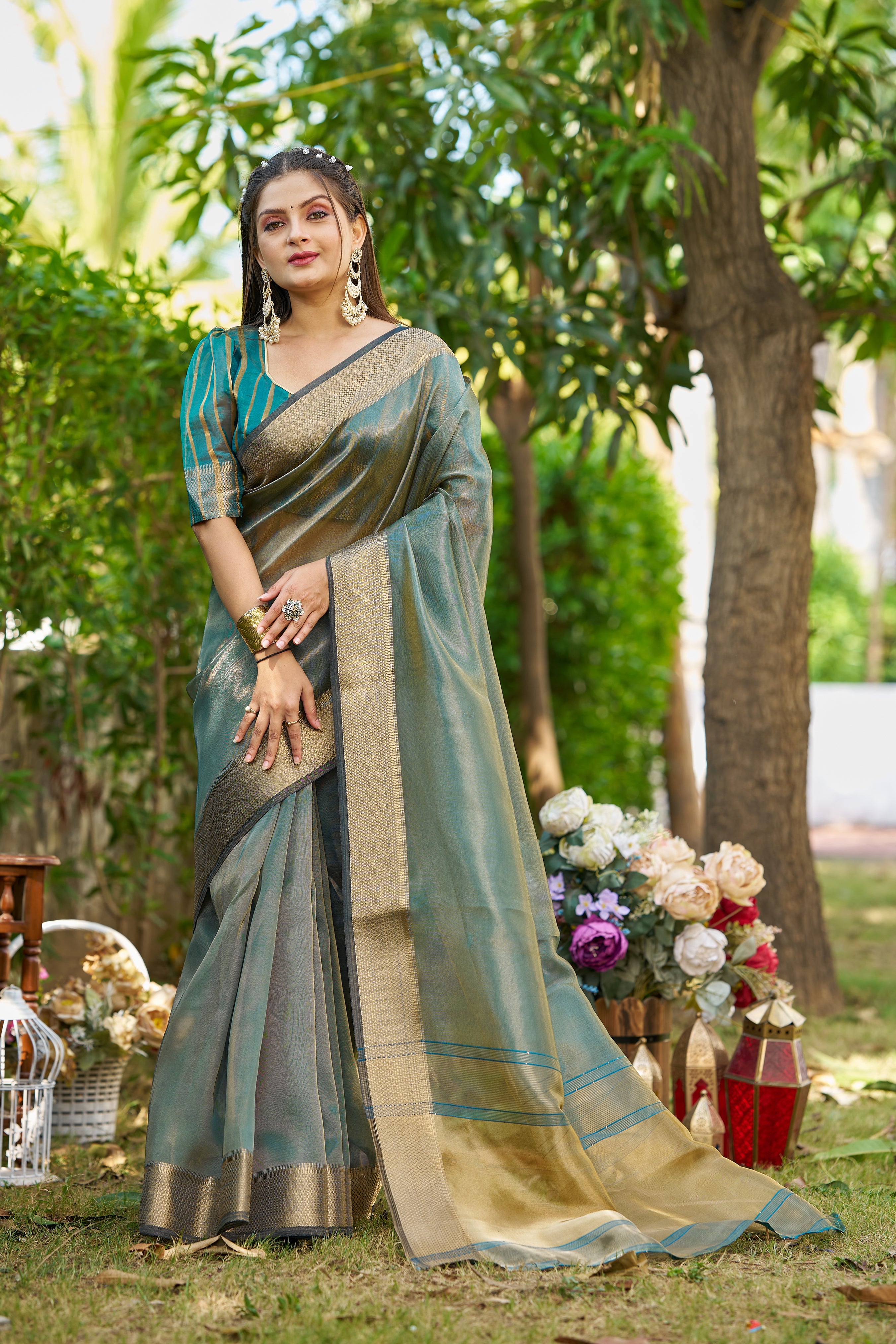 Buy MySilkLove Swim Green Tissue Woven Saree Online