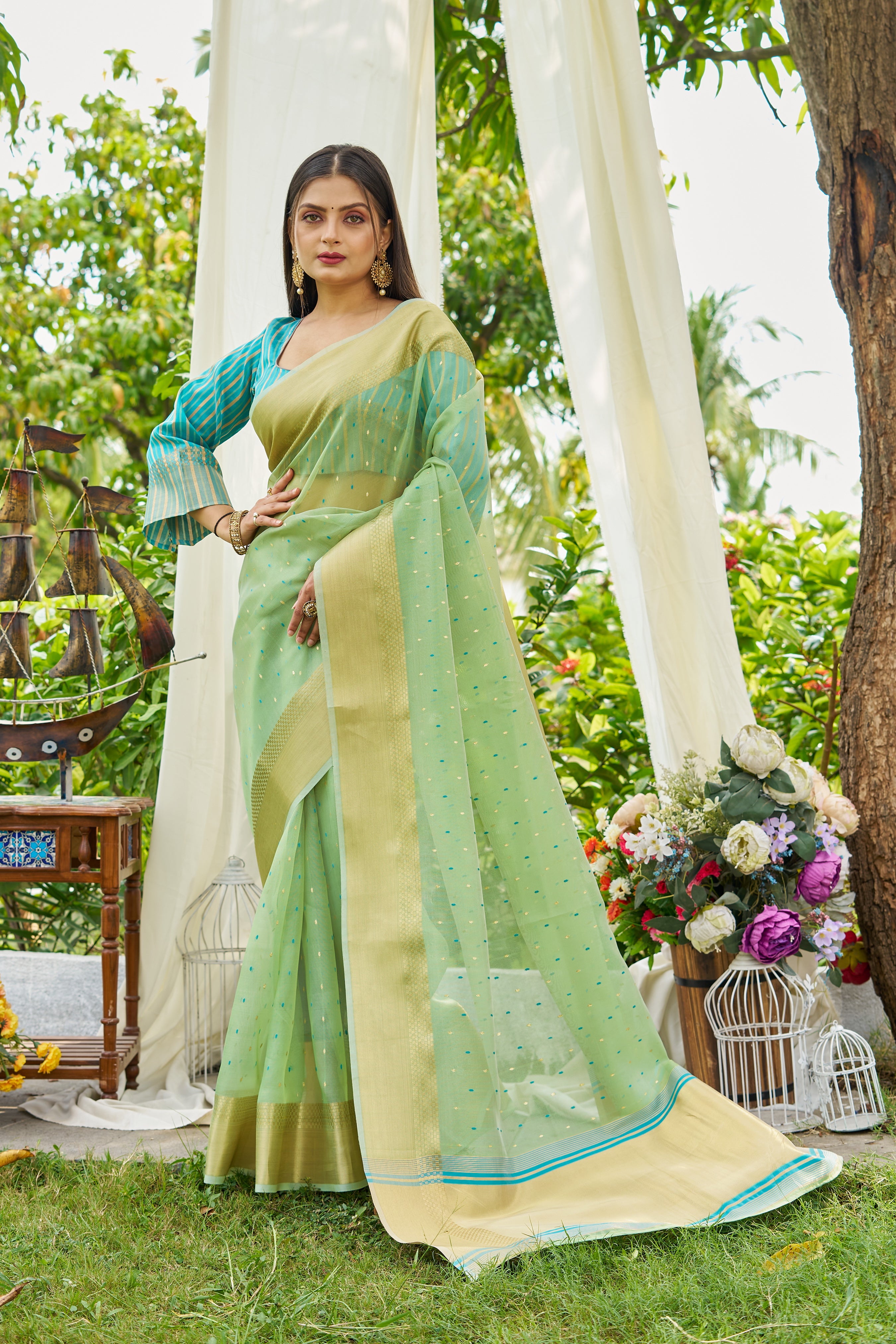 Buy MySilkLove Pista Green Woven Shimmer Silk Saree Online